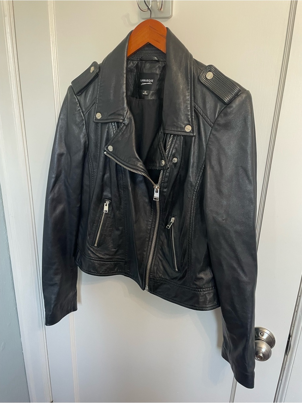 Lamarque Donna Leather Moto Jacket Black Lambskin *Scuff Asymmetric XL - Picture 2 of 10